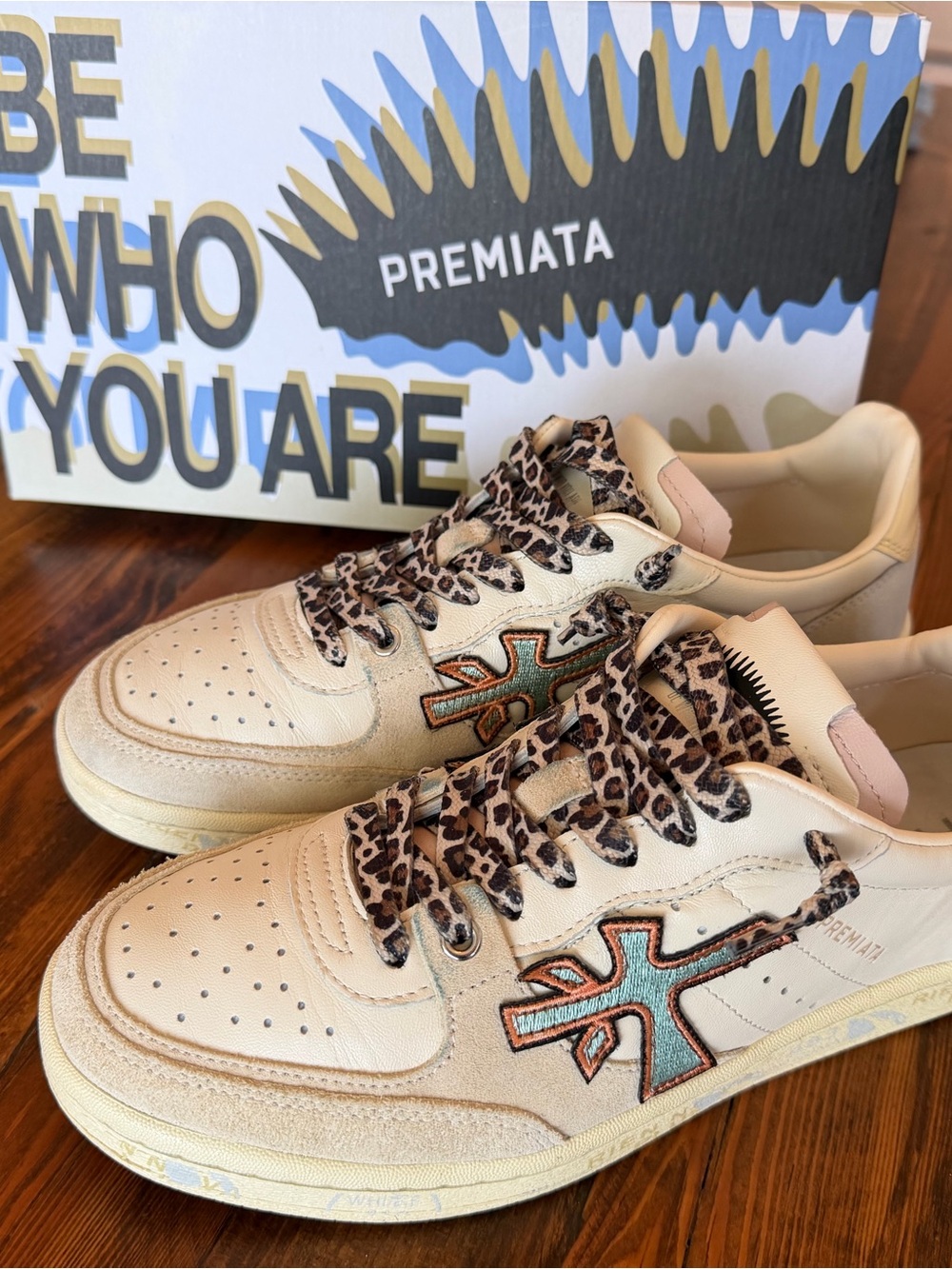 Premiata BSKT ClayD VAR 7317 Cream Leather Sneakers with Leopard Laces, 39.